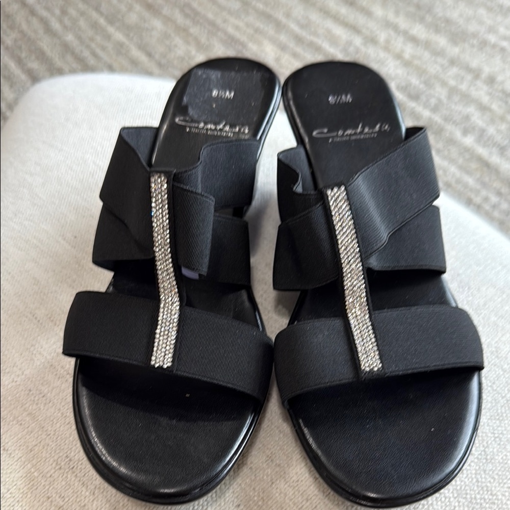 Black Stretch Sandals with Sparkly Detail and 2. 3/4” Wedge Herl